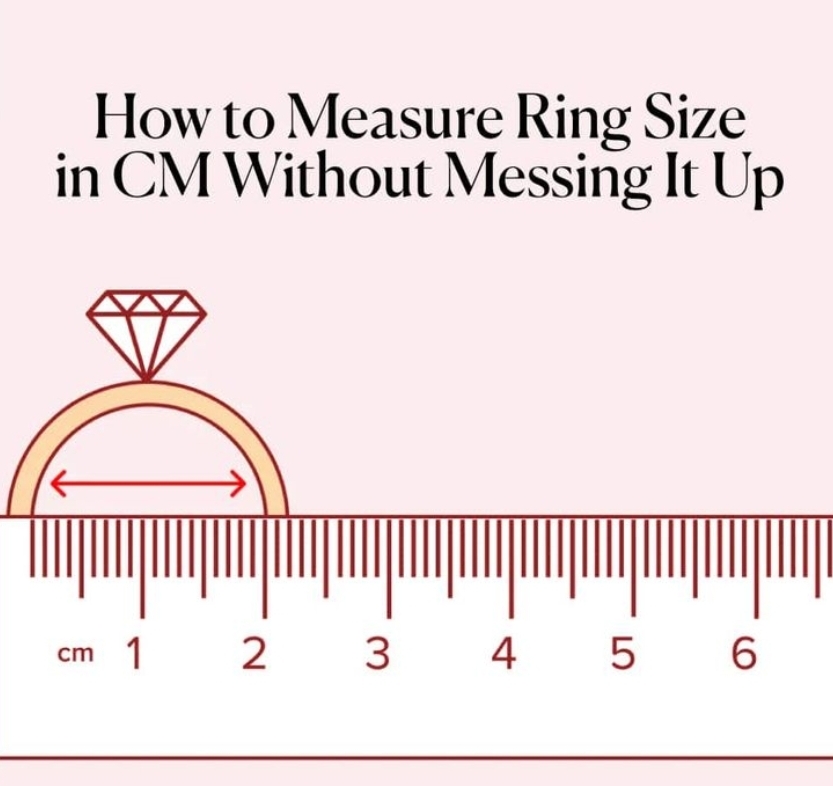 How to measure ring size in cm — place an existing ring on a ruler and measure inner diameter